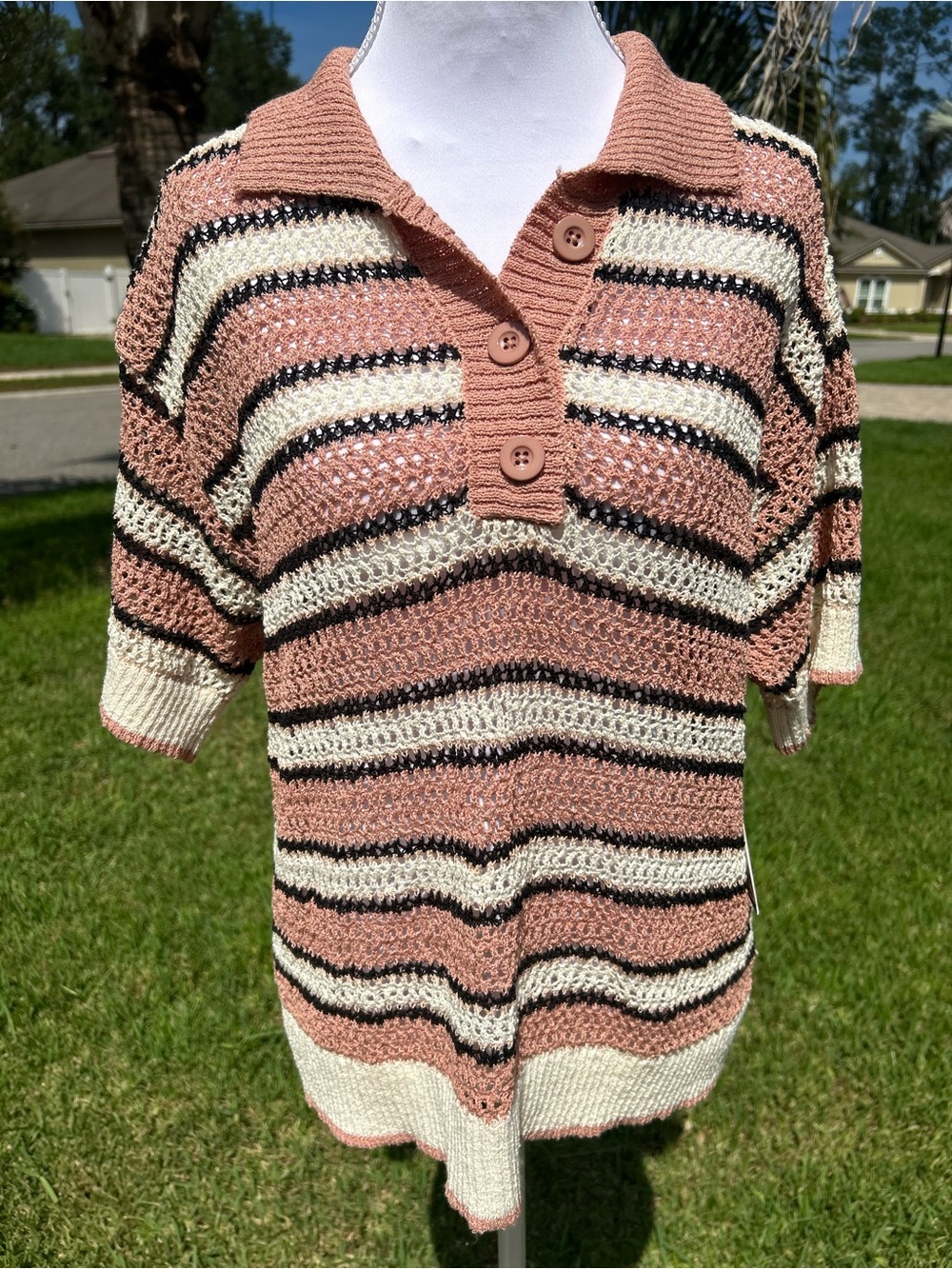 NWT🌷City Blues Striped Peter Pan Collar Short Sleeve Crochet Polo Sweater